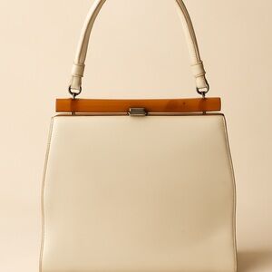 Theodore of California Vintage 1960s Cream Faux Patent Handbag Amber Frame